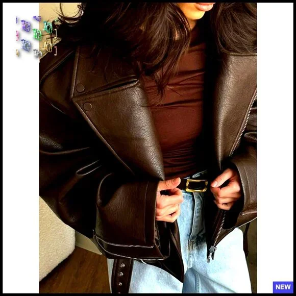 Oversized Leather Motorcycle Jacket Cropped Zip Up Belted Y2K Streetwear